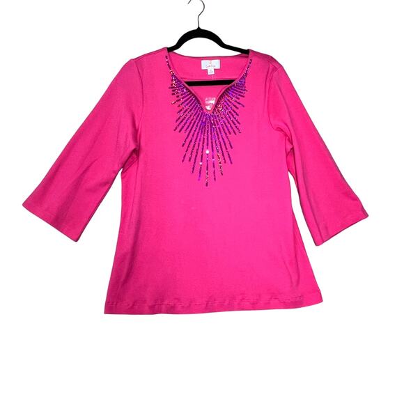 Quacker Factory Womens Blouse Top Size Med Pink Purple Sequin - Picture 1 of 9